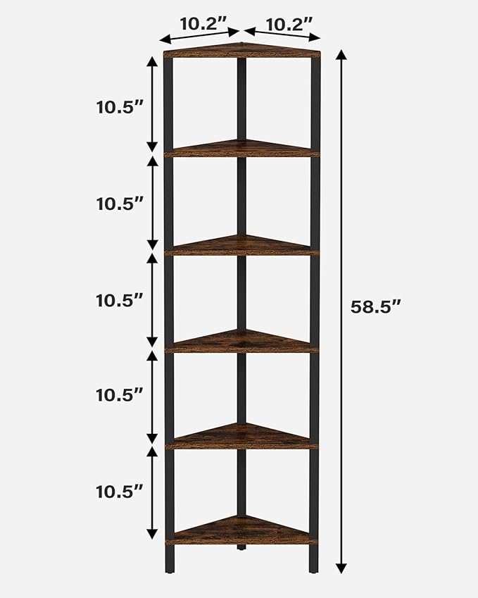 TUTOTAK Corner Shelf, 6-Tier Corner Bookshelf for Small Space, Narrow Display Corner Shelf Stand with Storage Rack, for Living Room, Bedroom, Rustic Brown BS05BB006 - Image 2