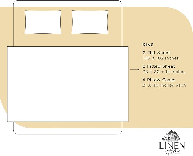 Linen Home 100% Cotton Percale Sheet Set Pack of 2, King Size, Ivory, Deep Pocket, 8 Pieces Set - 2 Flat, 2 Deep Pocket Fitted Sheet and 4 Pillowcases, Crisp Cool and Strong Bed Linen