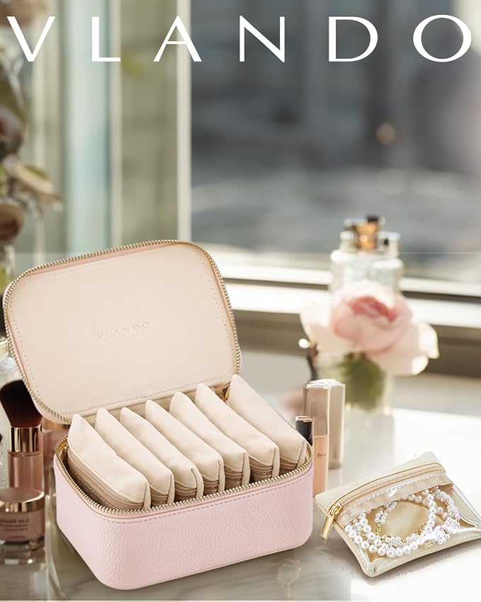 VLANDO Jewelry Travel Case,Gifts for Women,Travel Jewelry Organizer with Clear Velvet Jewelry Bags 8Pcs Zipper Pouch for Women Girl Gift-Pink - Image 6