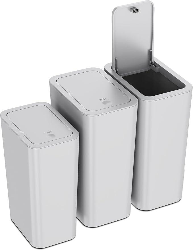 N. NETDOT 3 Pack (2 of 4 Gal & 1 of 2.6 Gal) Small Trash Can with Lid,Bathroom Garbage Can with Pop-Up Lid,Waste Basket for Bathroom,Kitchen,Bedroom,Powder Room,Craft Room,Office,College (Gray) by NNETDOT