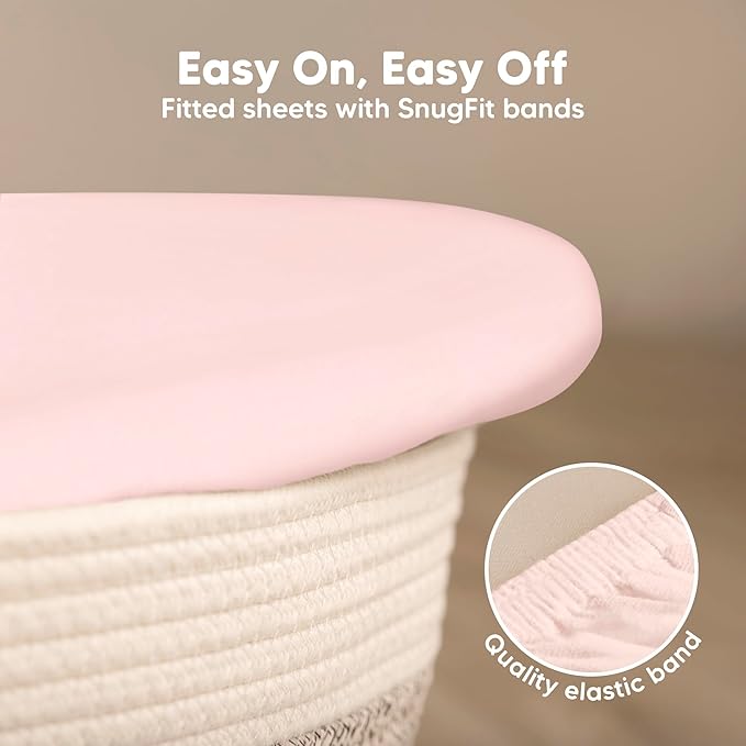 2-Pack Baby Bassinet Sheets Girl, Boy - 33x17 Viscose Derived from Bamboo Bedside Mattress Fitted Bassinet Sheets, Compatible with Halo Bassinest Swivel Sleeper, Baby Delight, Graco (Mist Rose)
