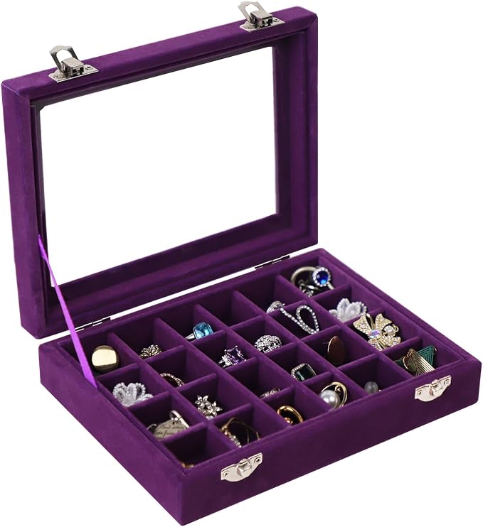 Velvet Jewelry Box 24 Grid Jewelry Earrings Display Organiser Box Ring Tray Holder Earrings Storage Case for Girls Women Wife Mom (Purple) - Image 6
