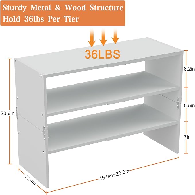 White Shoe Rack Organizer for Closet, 3-Tier Expandable Shoe Shelf, Stackable Iron Wood Combination Shoe Racks Shelves for Closets, Entryway,Small Space,Hallway,Garage,Holds 8-16 Pairs of Shoes - Image 3