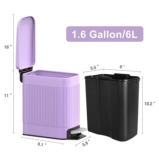 TrashAid Slim Bathroom Trash Can with Lid Soft Close, 6 Liter/1.6 Gallon Stainless Steel Small Garbage Can with Removable Inner Bucket, Step Pedal, Slim Wastebasket for Toilet, Office, Bedroom, Purple - Image 8