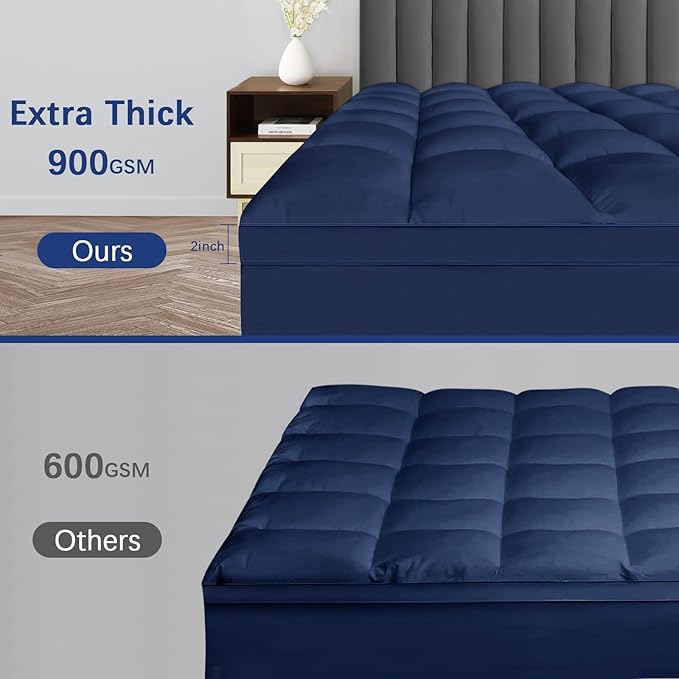 CYMULA Short Queen Mattress Topper, Cooling Bed Mattress Topper, Navy Thick Mattress Pad Cover Pillow Topper
