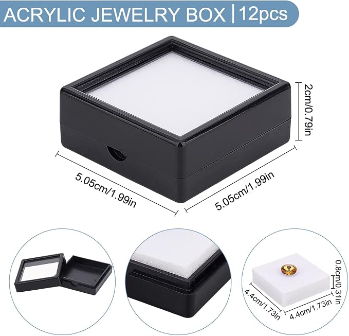 BENECREAT 12PCS Black Gemstone Display Box, Square Acrylic Diamond Jewellery Tray Box Container with Clear Lids and Sponge for Gems, Stone, Pendants, Crystal - Image 2