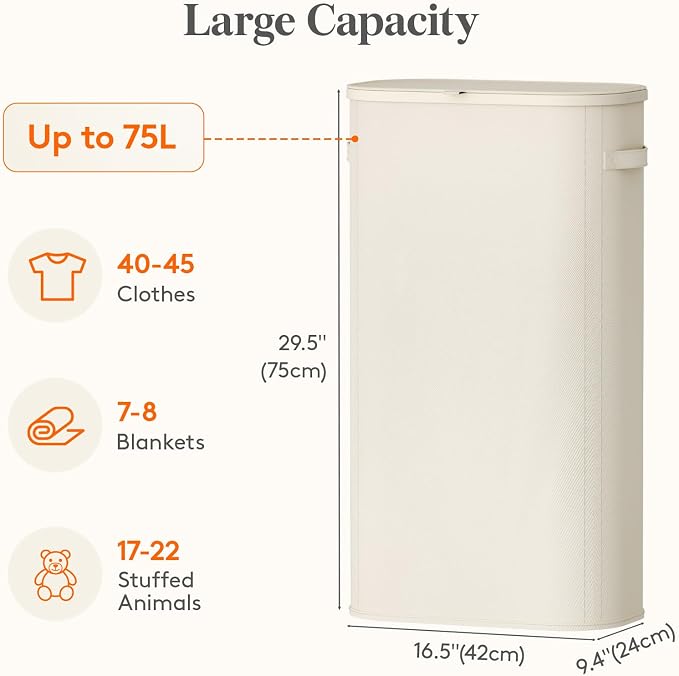 Lifewit Slim Laundry Basket with Lid, Narrow Large Laundry Hamper with Plastic Handles and Removable Bag, Tall Foldable Dirty Clothes Hampers for Laundry Room, Bedroom, Bathroom, Dorm, 75L White - Image 3