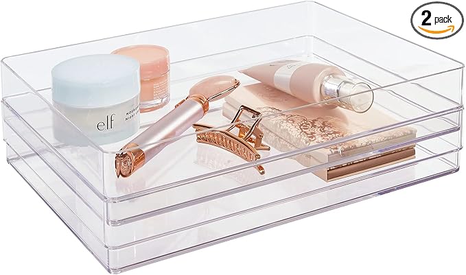 STORi SimpleSort 2-Piece Stackable Clear Drawer Organizer Set | 12" x 9" x 2" Rectangle Trays | Wide Makeup Vanity Storage Bins and Office Desk Drawer Dividers | Made in USA by STORi