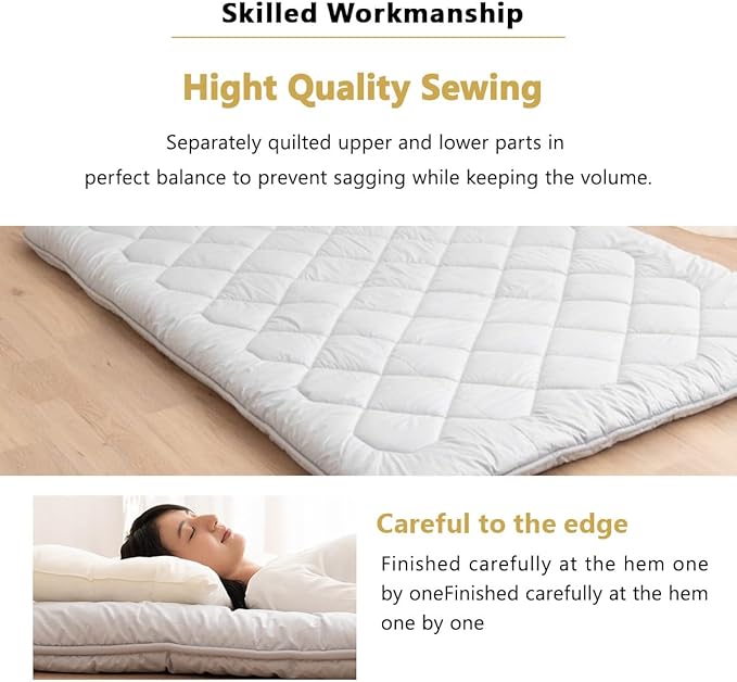 EMOOR Japanese Floor Futon Mattress Anti-Sag Full Made in Japan 100% Cotton Chip Foam Gray, Shikibuton Foldable Sleeping Bed Tatami Mat