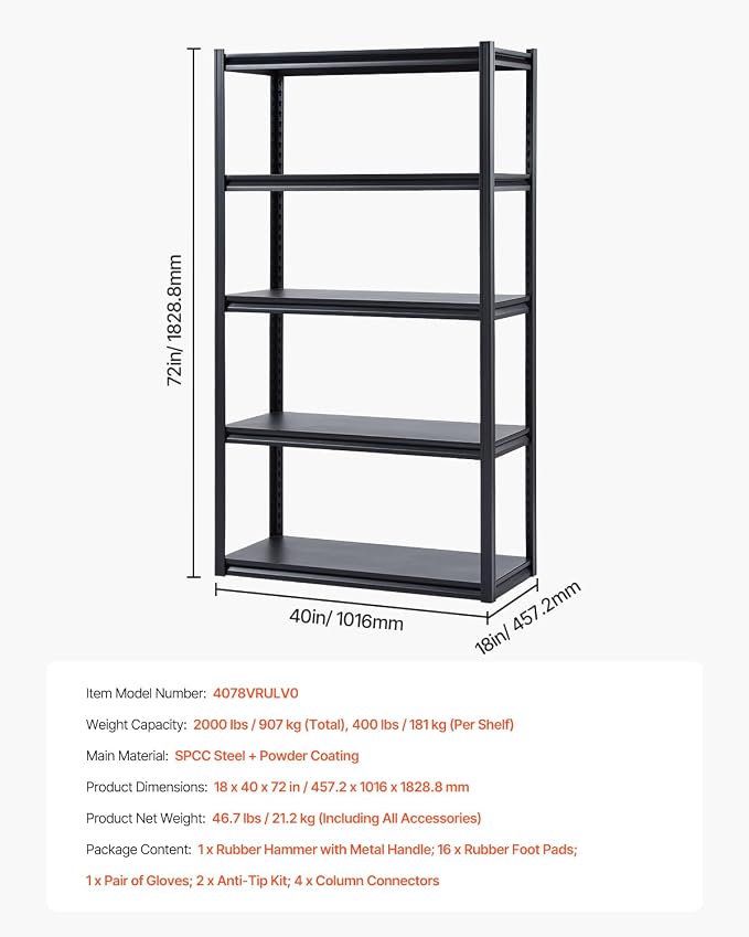 VEVOR Storage Shelves, 2000 lbs, 5 Tier Garage Storage Shelving, 18" D x 40" W x 72" H Adjustable Metal Shelves for Garage Shelves Utility Rack Shelf, Ideal for Kitchen, Warehouse, Basement, Black - Image 3