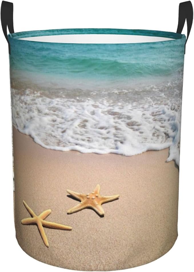 Laundry Basket Beach Starfish Room Decor,Round Laundry Hamper Waterproof Dirty Clothes Hamper Collapsible Laundry Baskets With Handles,Toy/Clothes Storage Beach Towel Basket For Dorm Bathroom Decor by AmazerPad
