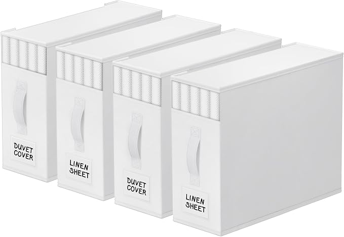 StorageTastic 4 Pack Bed Sheet Closet Organizers and Storage,Sturdy Foldable Storage Containers with Window and Label,Storage and Organization for Bedding Sheets,Duvet Covers,Blankets (White) by StorageTastic