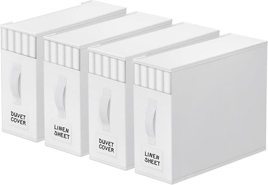StorageTastic 4 Pack Bed Sheet Closet Organizers and Storage,Sturdy Foldable Storage Containers with Window and Label,Storage and Organization for Bedding Sheets,Duvet Covers,Blankets (White) by StorageTastic