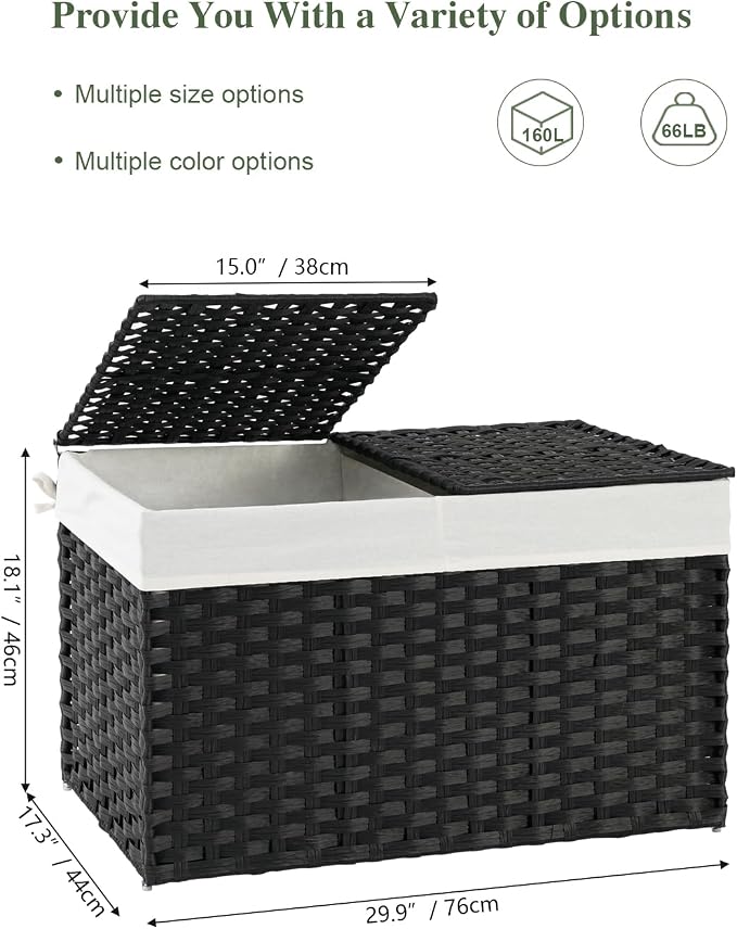 SETVSON Storage Basket with Lid Wicker Baskets for Storage with 2 Separate Lid 42.3 Gallon (160 L) 29.9 x 17.3 x 18.1 Inches Rattan Woven Large Wicker Basket with 2 Liners for Bedroom Laundry Black - Image 2