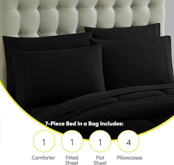 Full Size Comforter Set with Sheets - 7-Piece Bedding Collection - 1 Comforter, 1 Fitted Sheet, 1 Flat, 4 Pillowcases - Deep Pocket - Soft & Breathable Premium Quality - Ideal for All Seasons, Black