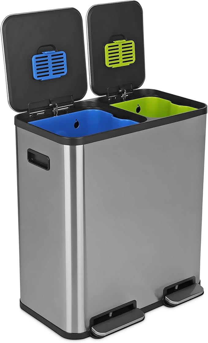 Simpli-Magic 18.5 Gallon (40L x 30L) Dual Compartment Step Trash Can – Kitchen Garbage Can with Waste & Recycling Bins – Slow-Close Lid, Odor Control, Hands-Free, Stainless Steel by Simpli-Magic