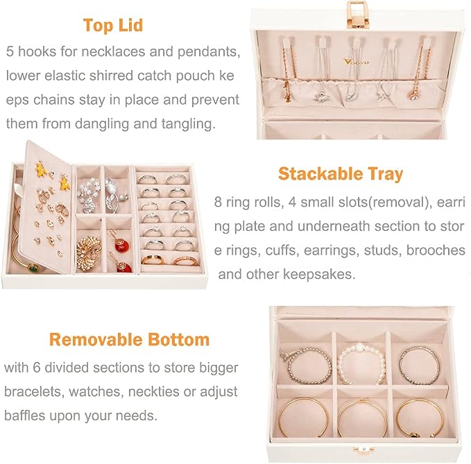 Voova Jewelry Box Organizer for Women Girls, 2 Layer Large Men Jewelry Storage Case, PU Leather Display Jewellery Holder with Removable Tray for Necklace Earrings Rings Bracelets, Vintage Gift, White - Image 2