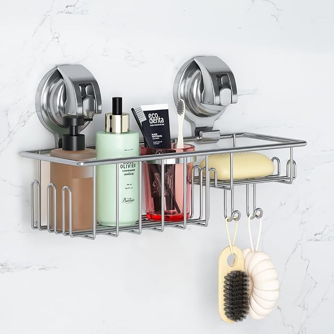 TESOT Suction Cup Shower Shelf, Shower Caddy Soap Dish with Hooks for Sponge, Rust Proof 304 Stainless Steel, Silver - Image 3