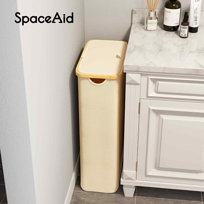 SpaceAid Slim Laundry Hamper with Lid, 65L Narrow Clothes Basket Bin with Bamboo Handles, Skinny Tall Collapsible Hamper for Bedroom, Bathroom, Dorm, Laundry Room - Beige - Image 7