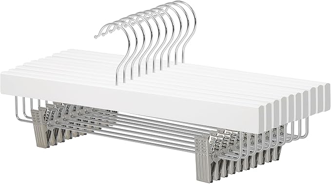 Amazon Basics Durable Wooden Pants and Skirt Hangers with Clips, Closet Organizer, White, 10-Pack by AmazonBasics