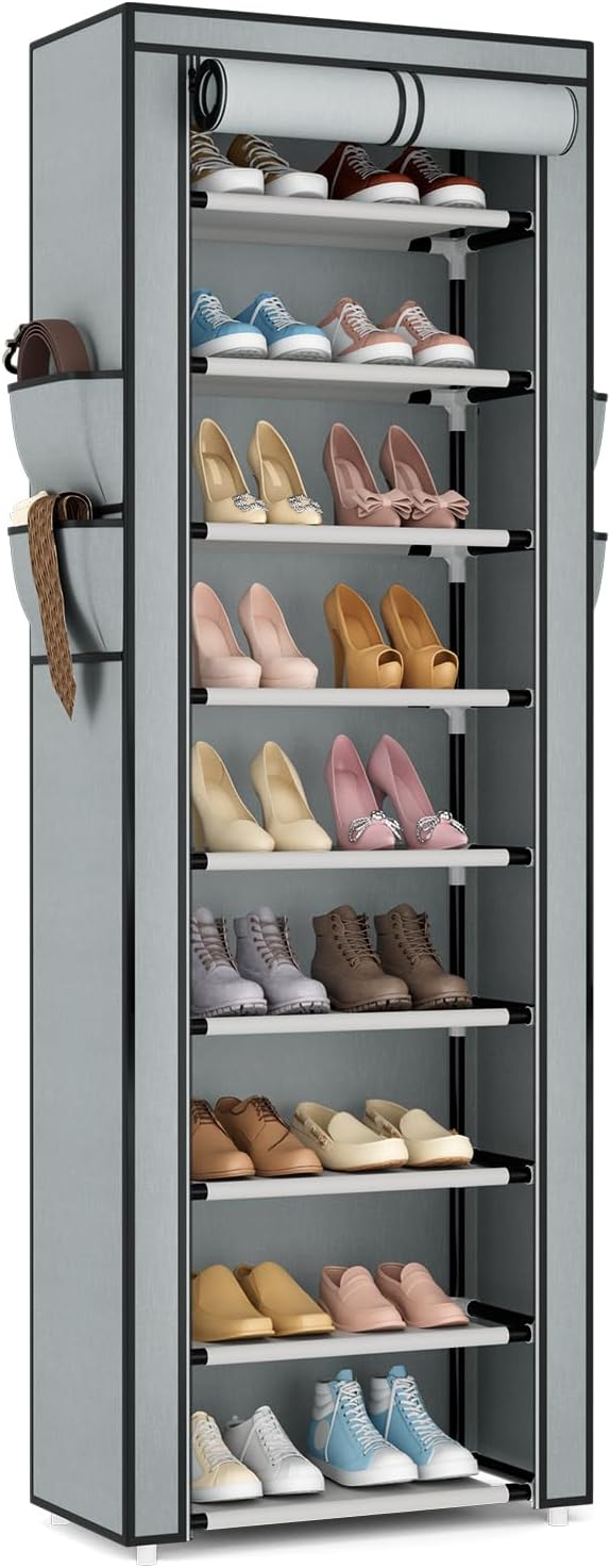 VILICK Shoe Rack with Cover Narrow Shoe Rack Organizer with 4 Side Pockets 10 Tier Tall Shoe Storage Shoe Shelf Holds 18-22 Pairs Shoes and Boots Shoe Rack for Closet, Grey by VILICK