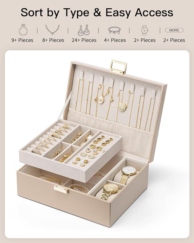 VLANDO Jewelry Organizer,2 Layer Jewelry Box Large Jewelry Organizer for Women Removable Jewelery Tray with Watch Pillow for Necklace Earrings Rings Bracelets (Toffee) - Image 4