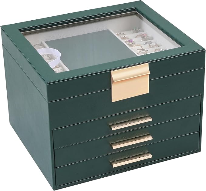BOOVO Clear Lid Jewelry Box,4 Layers Jewelry Organizer Large Jewelry Storage Box with 3 Drawers,Jewelry Holder Organzier of Rings Earrings Necklace Bracelets for Women (Dark Green, 4 Layer) by BOOVO