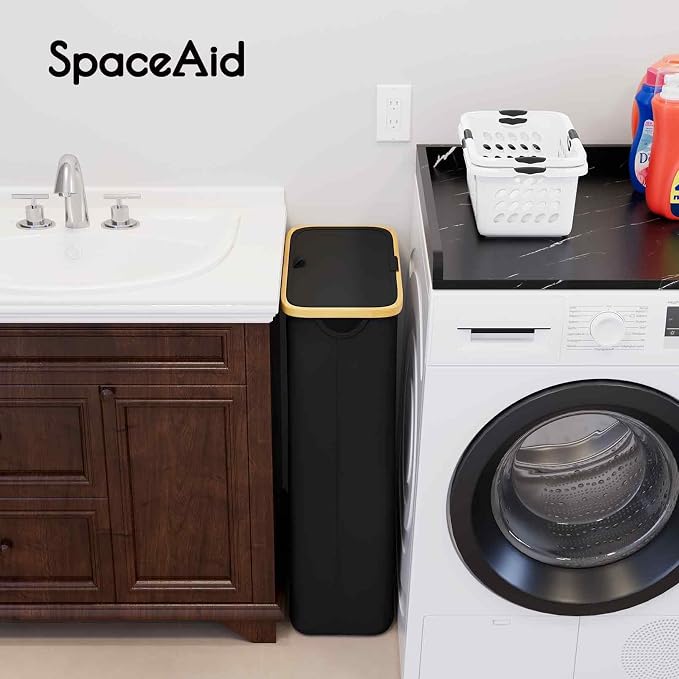 SpaceAid Slim Laundry Hamper with Lid, 65L Narrow Clothes Basket Bin with Bamboo Handles, Skinny Tall Collapsible Hamper for Bedroom, Bathroom, Dorm, Laundry Room - Black - Image 3