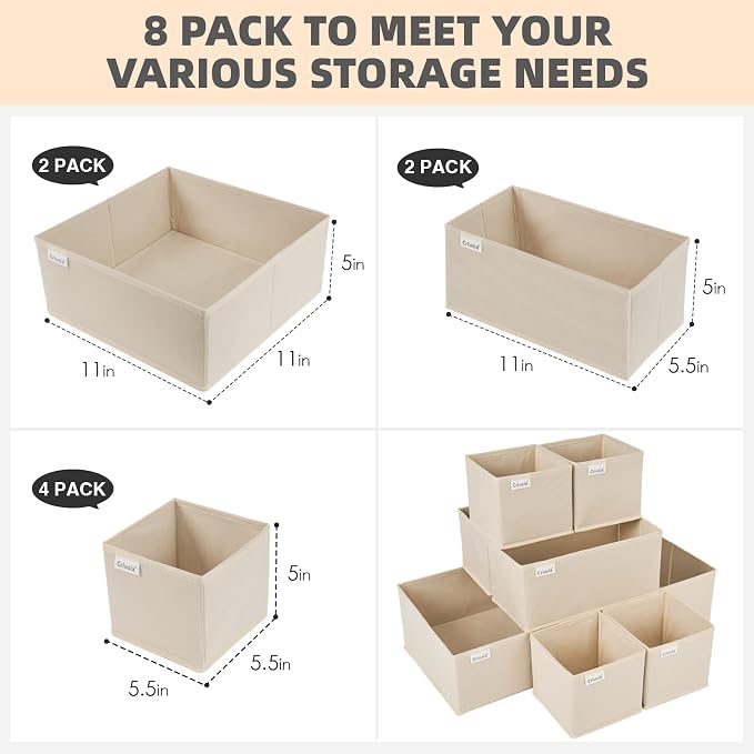 Criusia Drawer Organizer Clothes, 8 Pack Underwear Drawer Organizer, Foldable Cloth Storage Box Closet Organizers and Storage for Clothes, Socks, Scarves, Ties (Beige) - Image 2
