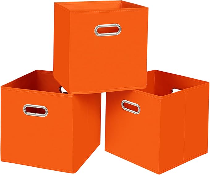 Black Fabric Cubby Storage Bins,13x13x13 Inches ,Cube Organizer Bin Foldable Storage Boxes with Dual Handles Fabric Organizer Box and collapsible Storage basket,Set of 3,Orange by Yunkeeper
