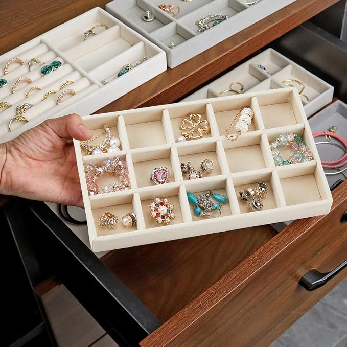 2Pcs 5 x 8.3 Inch Stackable Jewelry Trays Earring Holder Organizer Antique White 15 Grids Velvet Dresser Jewelry Drawer with Removable Divider for Bracelet Ring Watch Trinket Display Showcase - Image 6