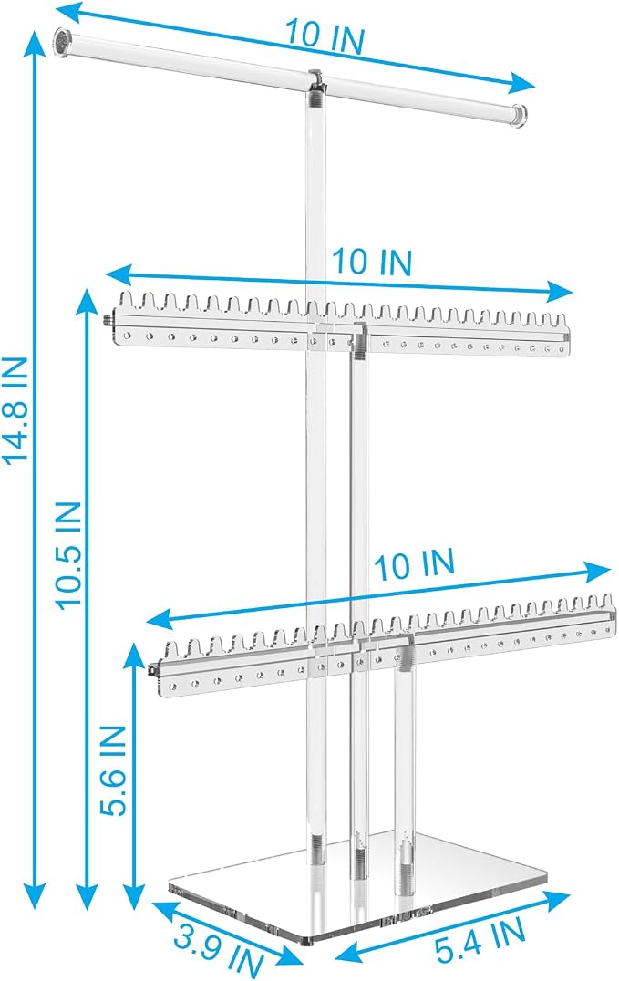 lengnoyp Premium Jewelry Stand, Earring Holder, Necklace Holder Stand, Clear 3-Tier Acrylic Large Storage Jewelry Organizer Stand & Bracelet/Bangles Stand, 48 Earring Holes Display Stands - Image 4