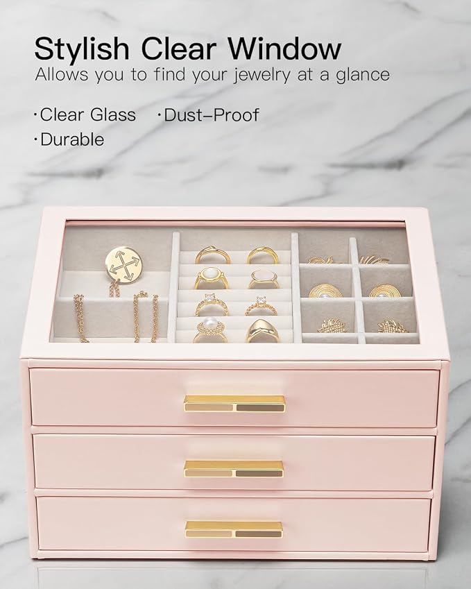 VLANDO Jewelry Box for Women, Glass Lid Jewelry Organizer with 3 Drawers for Necklaces Rings Earrings Bracelets Mother Day Gift for Mom - Dark Pink - Image 6