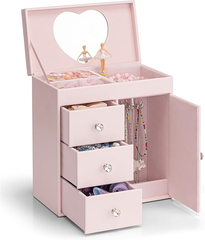Vlando Musical Jewelry Box with Spinning Ballerina, Girls’ Jewelry Organizer for Necklaces Rings and Hair Accessories, Gift for Girls and Kids, Barely Pink by VLANDO