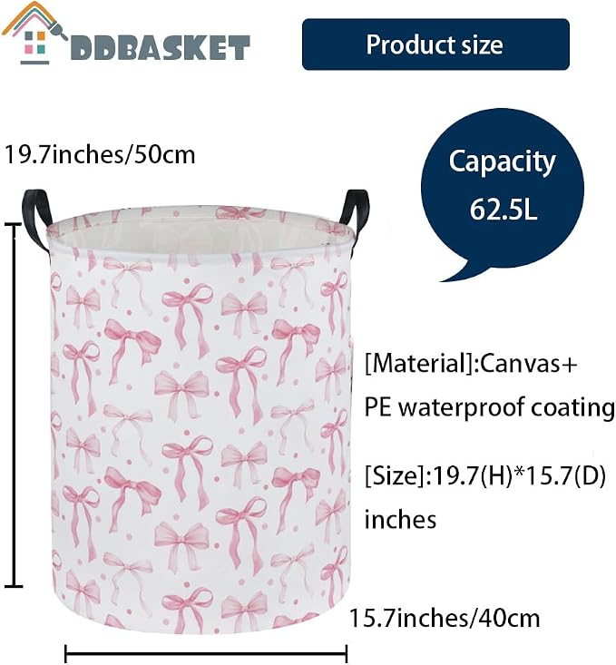 Girls Laundry Basket Pink Hamper for Nursery Bowkont Hamper Cute Kids Storage Bin Organizer Room Decor for Home(Pink bowkont) - Image 2