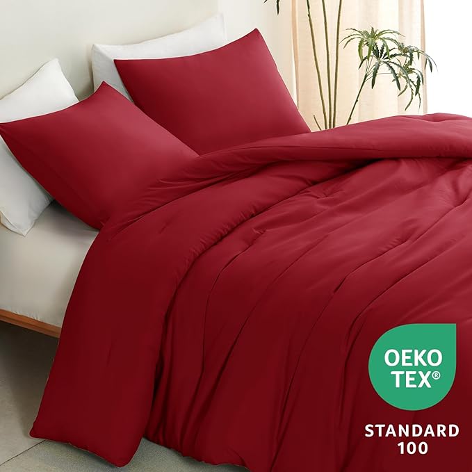CozyLux King Size Comforter Set Dark Red, 3 Pieces Solid Comforters King Size Breathable Quilted Bedding Sets, Luxury Soft Lightweight Bed Set with Down Alternative Comforter and 2 Pillowcases