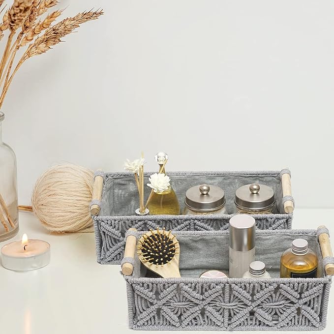 Macrame Storage Basket Boho Decor Baskets for Organizing Woven Decorative for Countertop Toilet Paper Basket for Tank Top for Home Decor Bedroom Nursery Livingroom Entryway (Set of 2,Grey) - Image 2