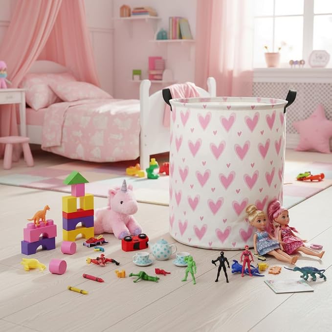 HIYAGON Baby Laundry Basket Baby Hamper for Nursery Girl Kids Butterfly Hamper Cute Kids Toys Storage Bin Organizer Butterfly Room Decor for Home(Pink Hearts) - Image 2