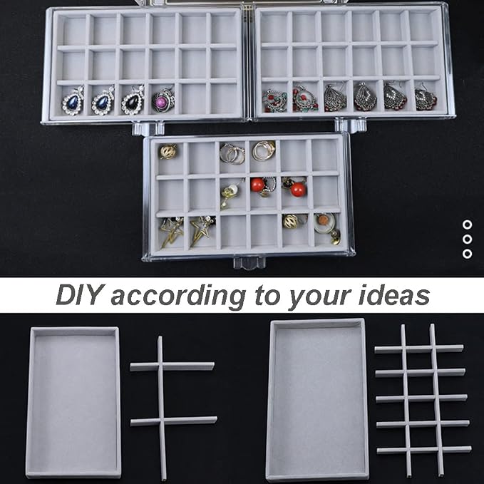 YUFONG Earring Organizer Box Acrylic Jewelry Organizer with 3 Drawers 54 Adjustable Grids Clear Stackable Earring Holder Velvet Trays Ring Display Case for Women Girls (Gray) - Image 2