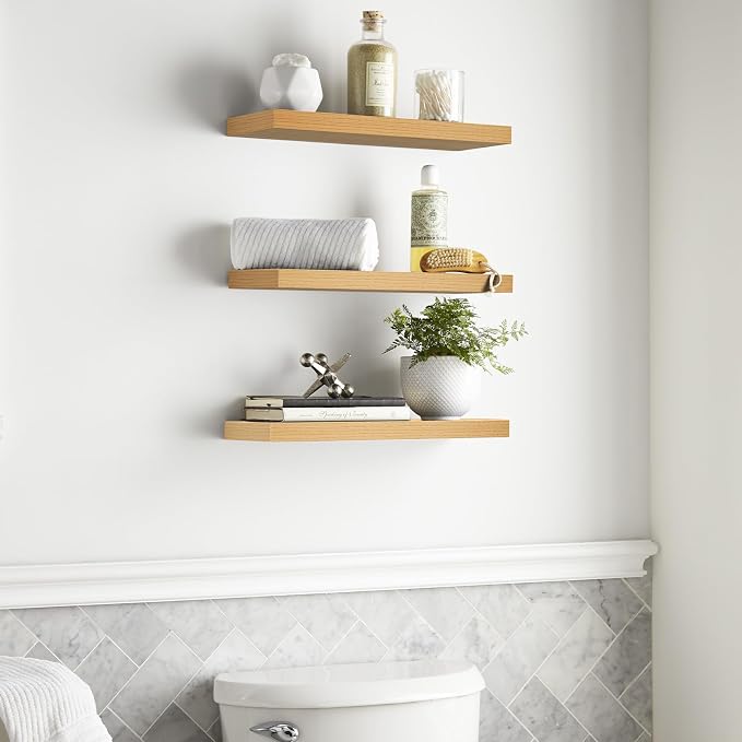 BAYKA Floating Shelves for Wall, Wall Mounted Rustic Wood Shelves for Bathroom, Bedroom, Living Room, Kitchen,Small Hanging Shelf for Books/Storage/Room Decor (Light Oak-Toned, Set of 3, 15.7in) - Image 4