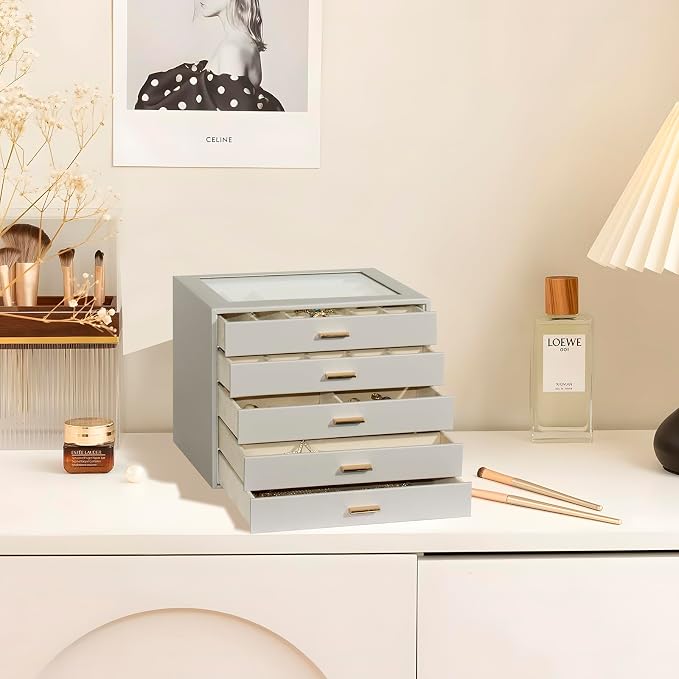 Jewelry Box with Glass Lid, 5-Layer Jewelry Organizer for Women Girls, PU Leather Display Case with 20-Grid Earring Tray & Movable Dividers for Necklaces Rings,Grey - Image 2