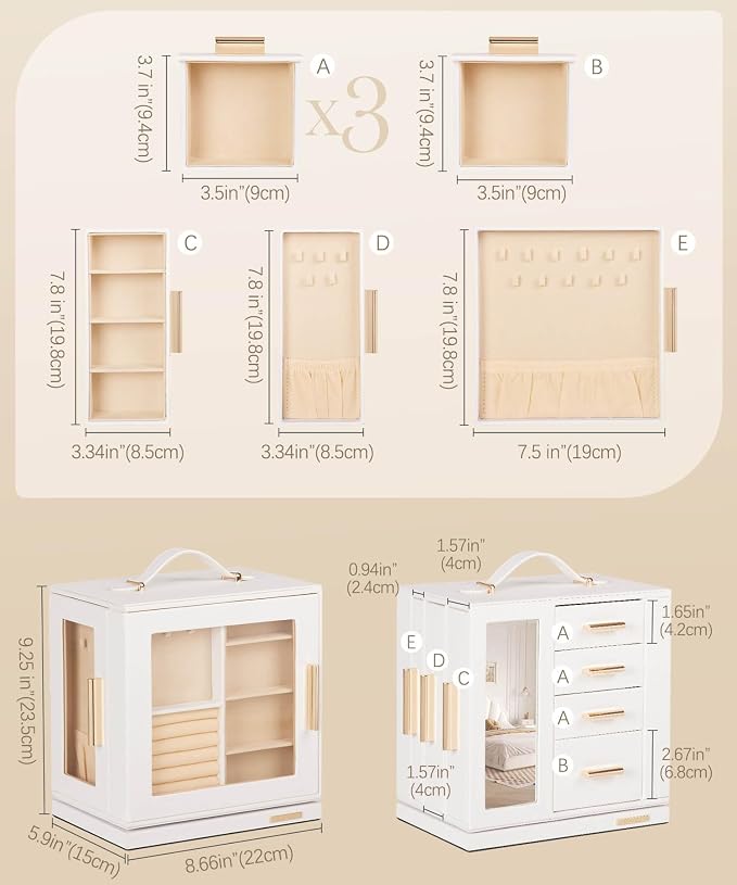 Homde Mothers Day Gifts Jewelry Box 360° Rotating, Necklace Earring Organizer with Transparent Window, Mirror, 7 Drawers, Large Ring Display Storage Case for Girls Women (White) - Image 6