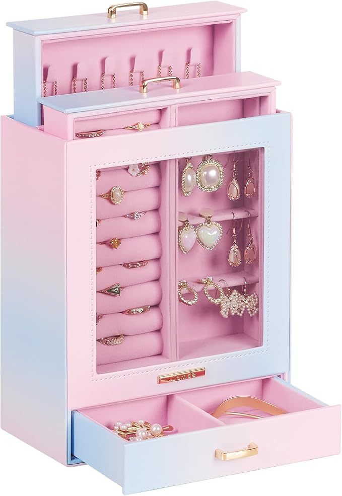 Homde Jewelry Organizer Girls Women Jewelry Box for Necklaces Rings Earrings Gift Bracelets Storage Case (Blue - Pink Gradient + Gold) by Homde