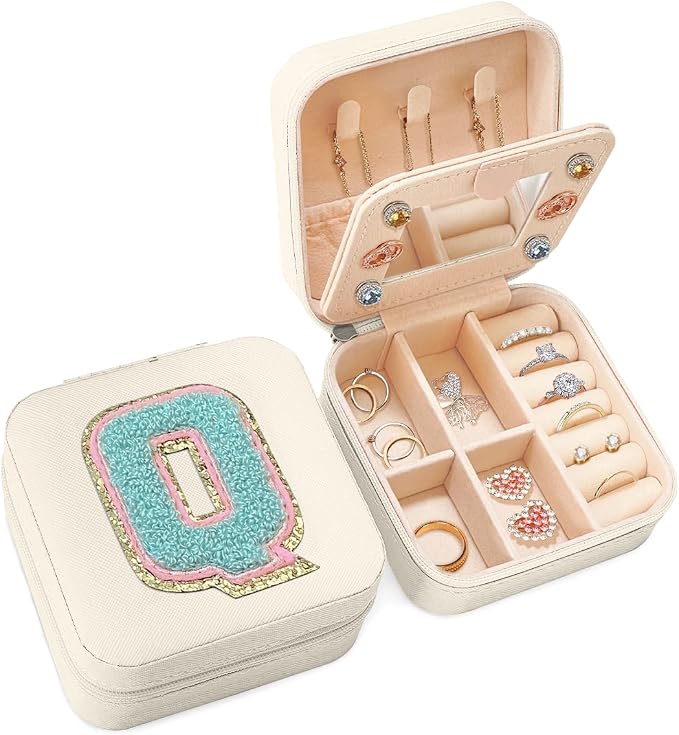 SANDJEST Personalized Jewelry Box, White Travel Jewelry Box with Initial Q, Small Monogrammed Jewelry Case Organizer for Girls Women Teen Kids, Mini Travel Essentials Gifts for Birthday Christmas by SANDJEST