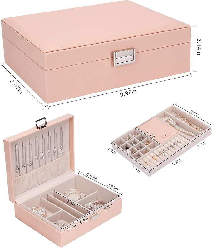 Jewelry Organizer Box Travel Jewelry Box Storage Organizer Case Earring Ring Necklace Box Large Travel Jewelry Case/PINK - Image 2