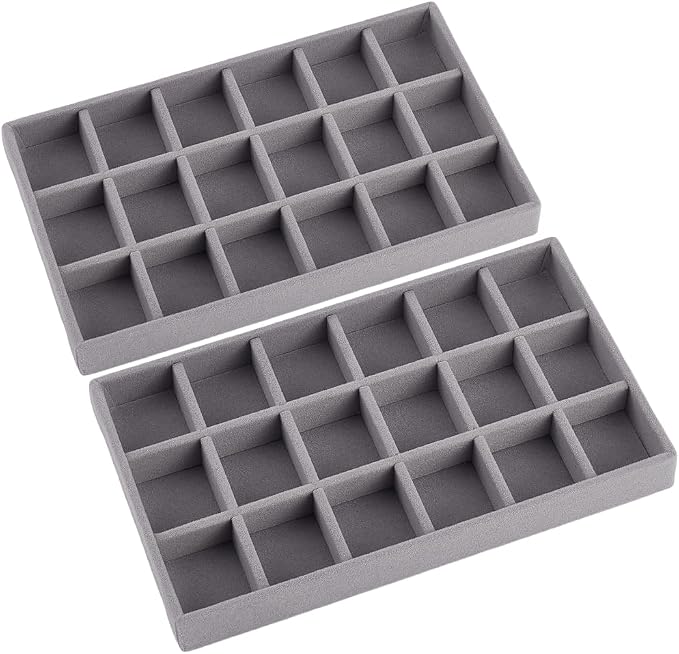 2Pcs 5 x 8.3 Inch 18 Grid Jewelry Tray Drawer Insert Velvet Earring Organizer Display Case Storage with Removable Divider Container Box for Rings Watch Necklace Trinket Holder Showcase Gray by SOFPLATE