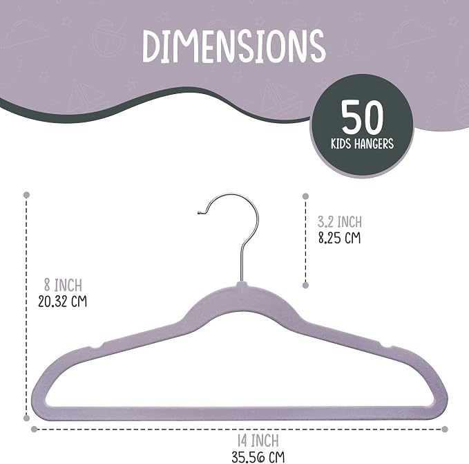TechZoo 50 Premium Kids Velvet Hangers - 14'' Non-Slip, Ultra-Slim & Space-Saving Hangers - 360° Swivel Hook, Strong & Durable for Children & Preteens - Purple - Image 2
