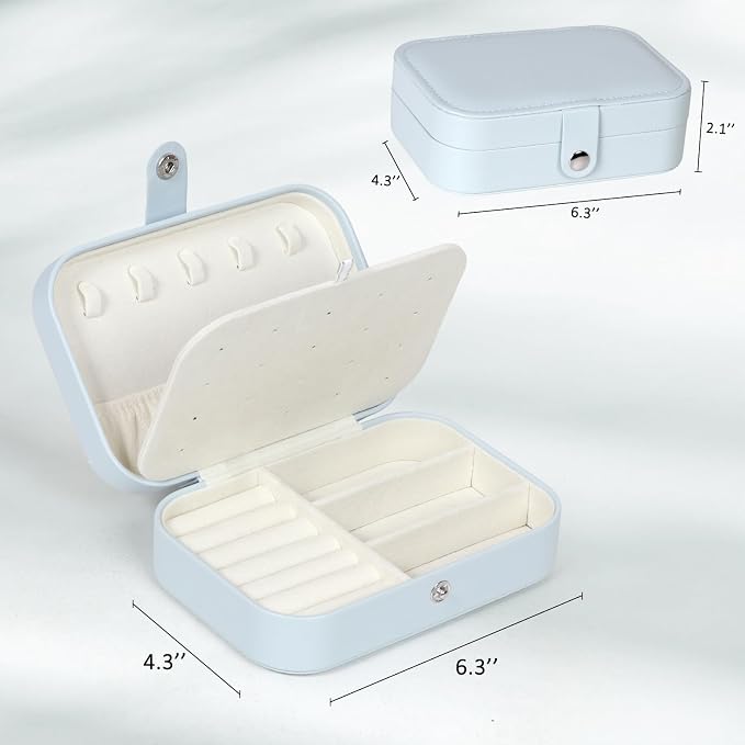 Hatori Travel Jewelry Box, PU Leather Small Jewelry Organizer for Women Girls, Double Layer Portable Mini Travel Case Display Storage Holder Boxes for Stud Earrings, Rings (Light Blue) - Image 3
