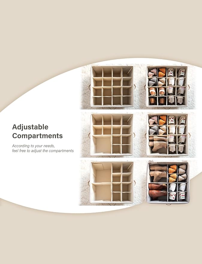 StorageWorks Shoe Organizer for Closet, Fits up to 24 Pairs, Shoe Cubby Storage Containers with Adjustable Dividers and Clear Cover, Beige - Image 4