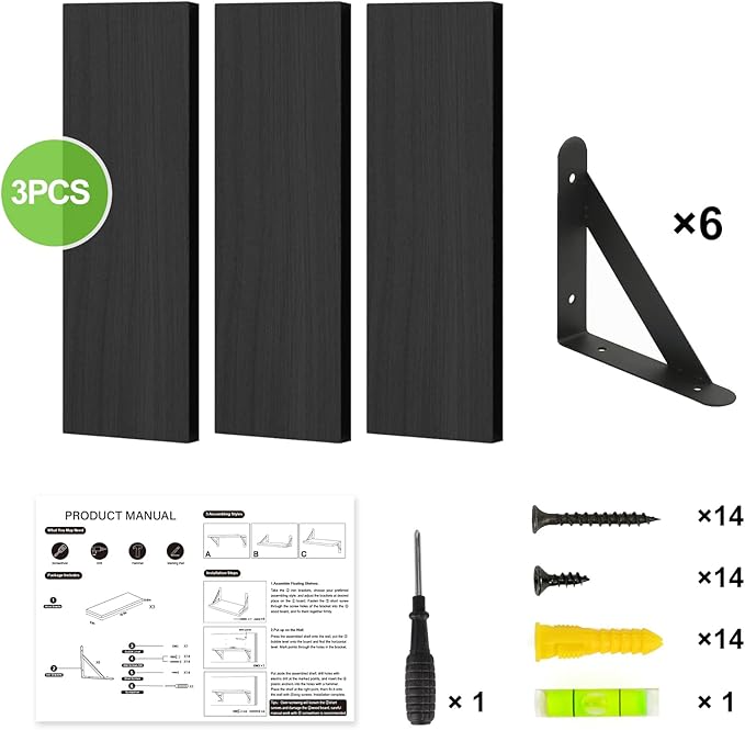 Fixwal Black Shelves for Wall, Wood Wall Mounted Floating Shelves for Bedroom, Bathroom, Living Room, Kitchen Storage and Decor(Black, Set of 3, 16.5 Inch) - Image 5